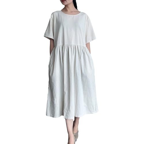 Minibee Womens Linen Tunic Summer Dress Casual Midi Dresses with Pockets Beige M