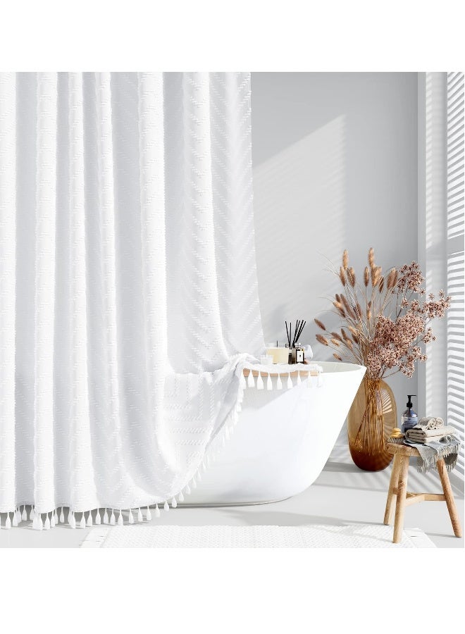 Boho Farmhouse Shower Curtain, 72 x 72 White Tufted Chevron Striped with Tassels, Water Repellent Fabric for Bathroom, Minimalist Ruffled Design with Hooks - Image 1