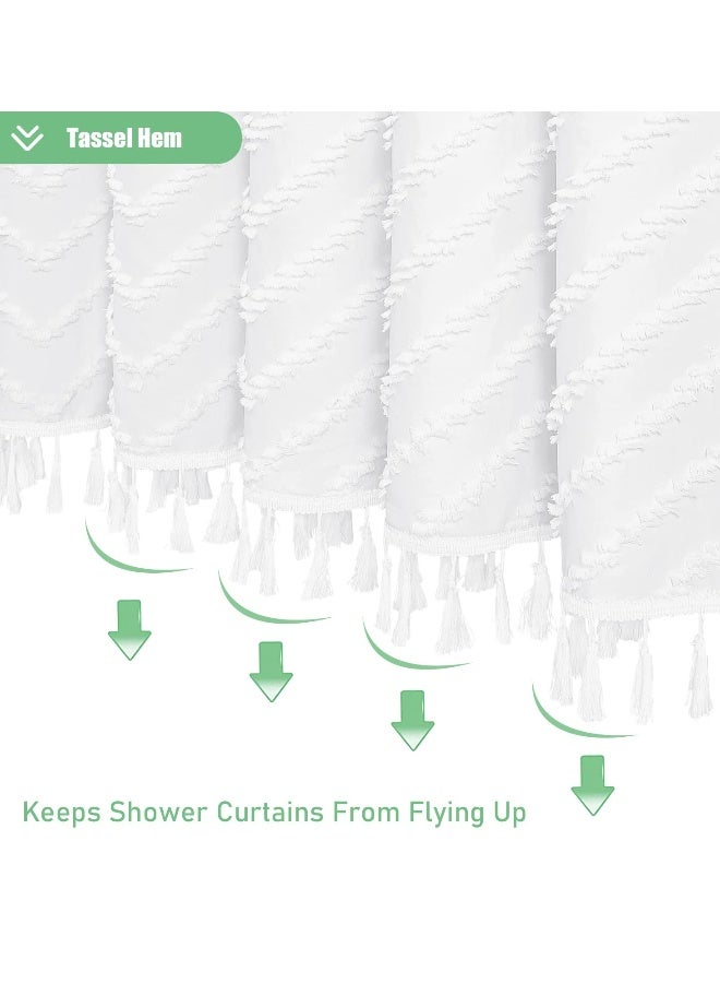 Boho Farmhouse Shower Curtain, 72 x 72 White Tufted Chevron Striped with Tassels, Water Repellent Fabric for Bathroom, Minimalist Ruffled Design with Hooks - Image 4