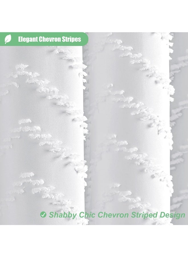 Boho Farmhouse Shower Curtain, 72 x 72 White Tufted Chevron Striped with Tassels, Water Repellent Fabric for Bathroom, Minimalist Ruffled Design with Hooks - Image 2