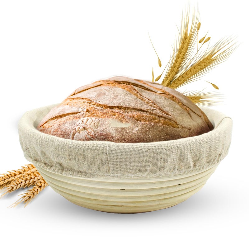 Vollum Banneton Bread Sourdough Proofing Basket for Beginner Professional Bakers Rattan Cane Bread Maker for Artisan Breads 10 x 35 In 2Pound Brotform Basket with Linen Round Set of 1