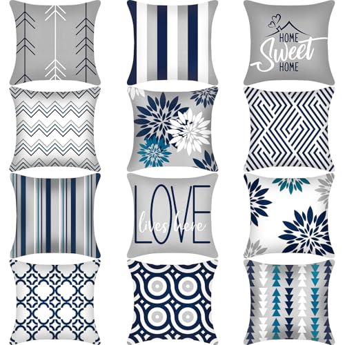 Flutesan 12 Pcs Decorative Throw Pillow Cover 18 x 18 Inch Modern Sofa Pillow case Geometric Floral Linen Square Cushion Covers for Home Living Room Bedroom Couch ChairGray Blue - Image 1