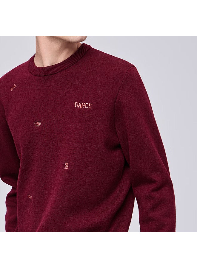 Dancing Wolves exquisite Embroidered Crew Neck Sweater Warm Comfortable Men's Long Sleeve Knitwear 418 Wine Red XL - Image 2