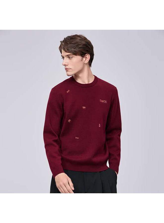 Dancing Wolves exquisite Embroidered Crew Neck Sweater Warm Comfortable Men's Long Sleeve Knitwear 418 Wine Red XL - Image 1