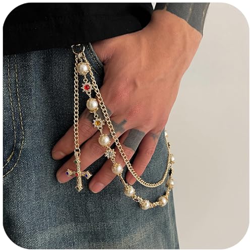 Disengor Pants Wallet Chains - Pearl Layered Pocket Chain Keychain - Hip Hop Purse Bag Charms Jean Trouser Accessories for Men Women (A) - Image 2
