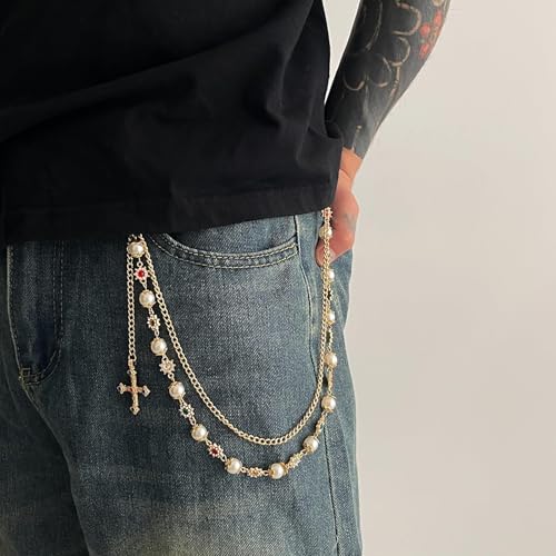 Disengor Pants Wallet Chains - Pearl Layered Pocket Chain Keychain - Hip Hop Purse Bag Charms Jean Trouser Accessories for Men Women (A) - Image 3