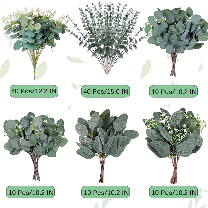 WONICE 120 Pcs 6 Kinds Mixed Eucalyptus Leaves Stems Bulk Artificial Silver Dollar Leaves Picks Dried Eucalyptus Bundle Faux Spray for Wedding Vase Bouquet Decor (Eucalyptus Leaves Stems-120) - Image 3
