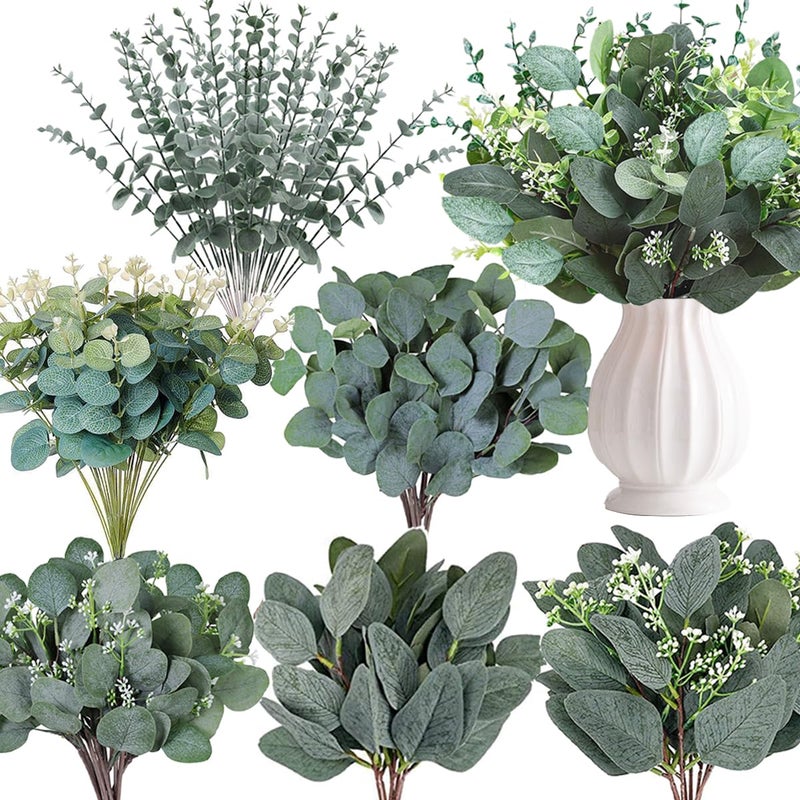 WONICE 120 Pcs 6 Kinds Mixed Eucalyptus Leaves Stems Bulk Artificial Silver Dollar Leaves Picks Dried Eucalyptus Bundle Faux Spray for Wedding Vase Bouquet Decor (Eucalyptus Leaves Stems-120) - Image 1