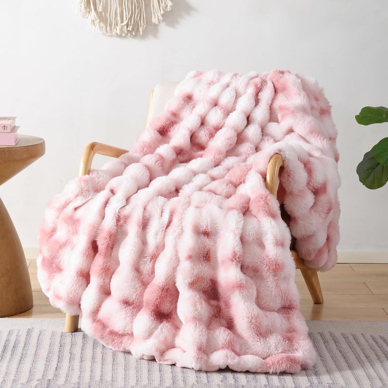 Smoofy Faux Fur Throw Blanket for Couch Rabbit Fleece - Tie-dye Pink Fluffy Blanket for Sofa Bedroom Living Room, Cozy Soft Plush Luxury Thick Winter Fuzzy Comfy Bubble Blanket - 50" x 60" - Image 1