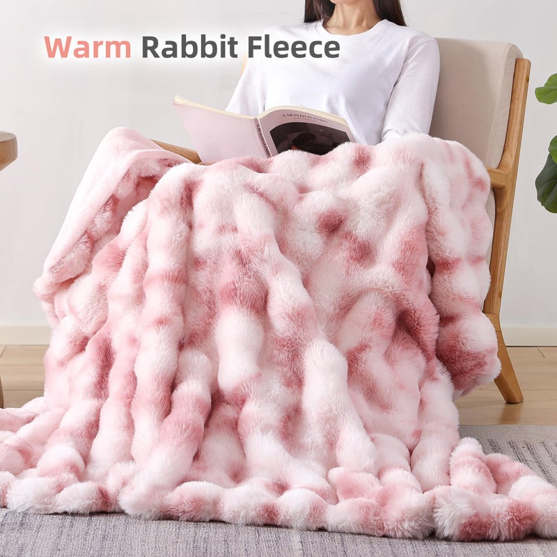 Smoofy Faux Fur Throw Blanket for Couch Rabbit Fleece - Tie-dye Pink Fluffy Blanket for Sofa Bedroom Living Room, Cozy Soft Plush Luxury Thick Winter Fuzzy Comfy Bubble Blanket - 50" x 60" - Image 5