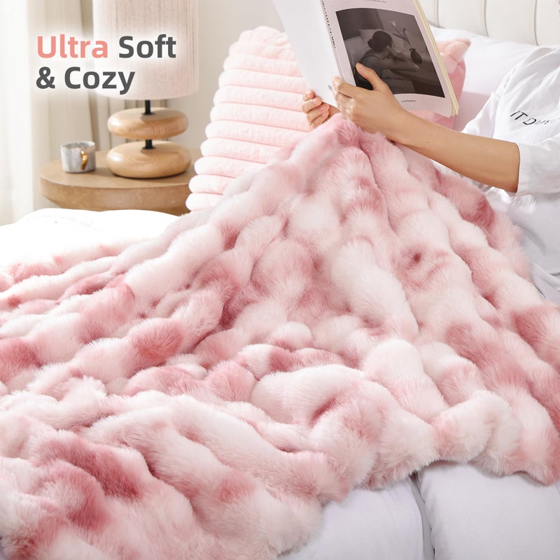 Smoofy Faux Fur Throw Blanket for Couch Rabbit Fleece - Tie-dye Pink Fluffy Blanket for Sofa Bedroom Living Room, Cozy Soft Plush Luxury Thick Winter Fuzzy Comfy Bubble Blanket - 50" x 60" - Image 4
