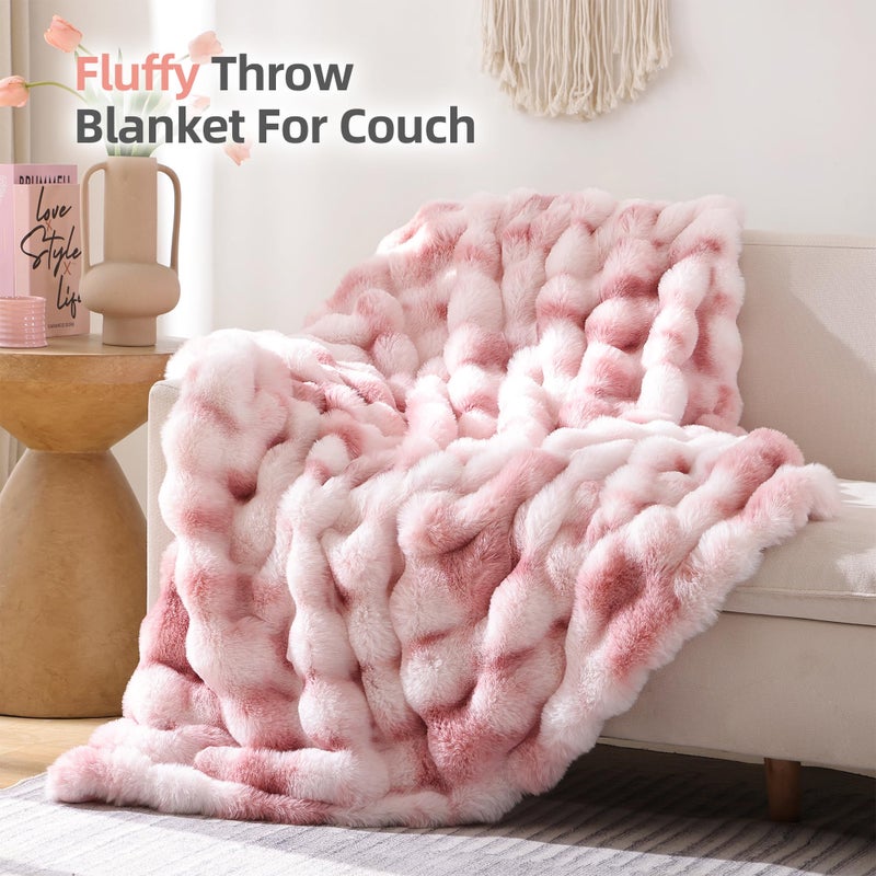 Smoofy Faux Fur Throw Blanket for Couch Rabbit Fleece - Tie-dye Pink Fluffy Blanket for Sofa Bedroom Living Room, Cozy Soft Plush Luxury Thick Winter Fuzzy Comfy Bubble Blanket - 50" x 60" - Image 3