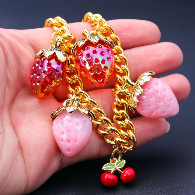 SORGERLY Strawberry Bag Purse Charm Chain - Gold Extender Chain Cherry Handbag Accessories - Cute Keychain Gifts for Women (Pink strawberry) - Image 2