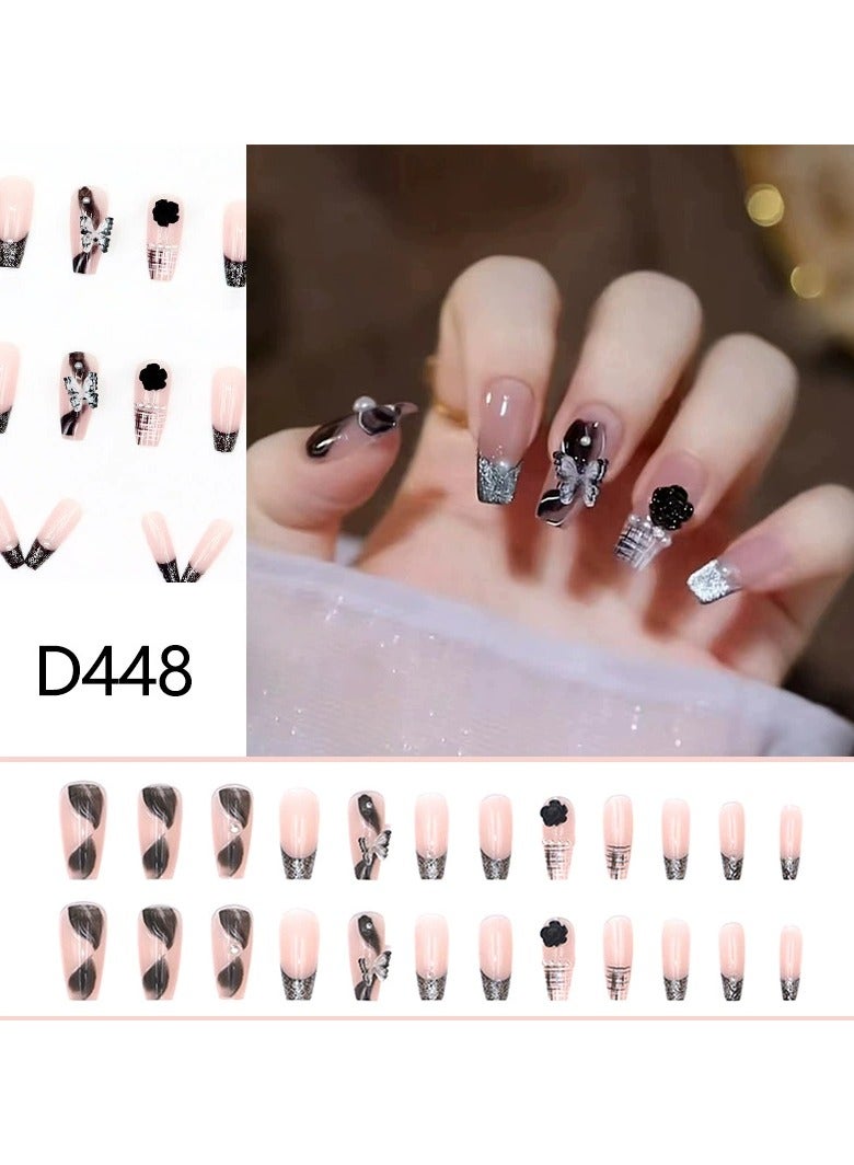 Goolsky Sweet Cool Girl Style Cat Eye Press On Nails – Medium Long 3D Flower Butterfly Removable Fake Nails, 30pcs, Party/Formal Wear - Image 1