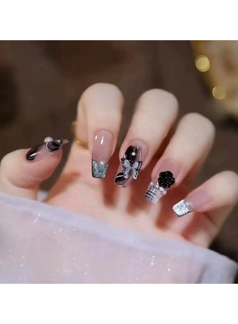 Goolsky Sweet Cool Girl Style Cat Eye Press On Nails – Medium Long 3D Flower Butterfly Removable Fake Nails, 30pcs, Party/Formal Wear - Image 2