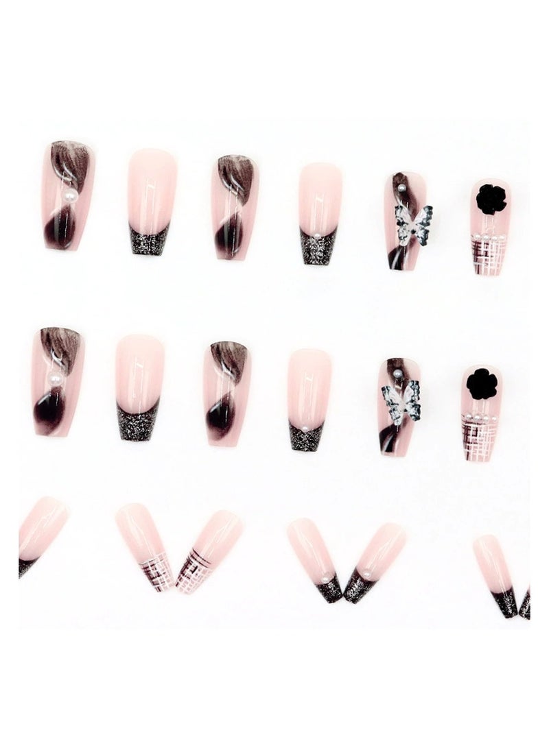 Goolsky Sweet Cool Girl Style Cat Eye Press On Nails – Medium Long 3D Flower Butterfly Removable Fake Nails, 30pcs, Party/Formal Wear - Image 3