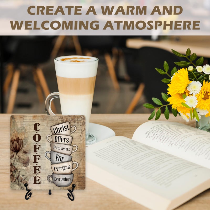 Gihyan Coffee Bar Decor, Christ Offers Forgiveness For Everyone Everywhere Sign, Rustic Wooden Coffee Decor With Stand - 5x5 inches - Image 3