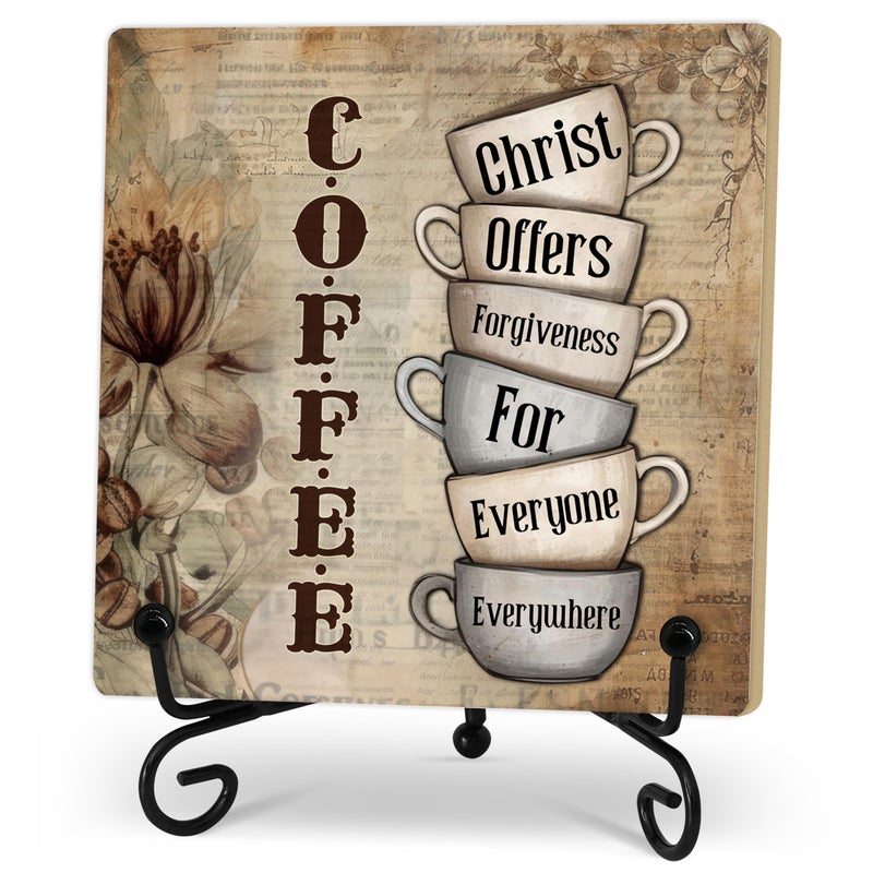 Gihyan Coffee Bar Decor, Christ Offers Forgiveness For Everyone Everywhere Sign, Rustic Wooden Coffee Decor With Stand - 5x5 inches - Image 1