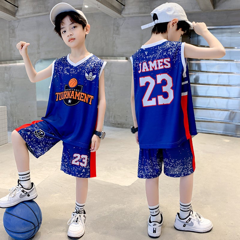 Boys Summer 2024 New Thin Vest Basketball Suit Set 22117 blue 