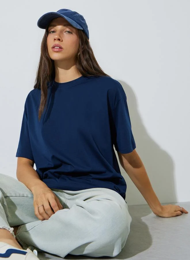 Styli Dark Blue Crew Neck Oversized T-Shirt
