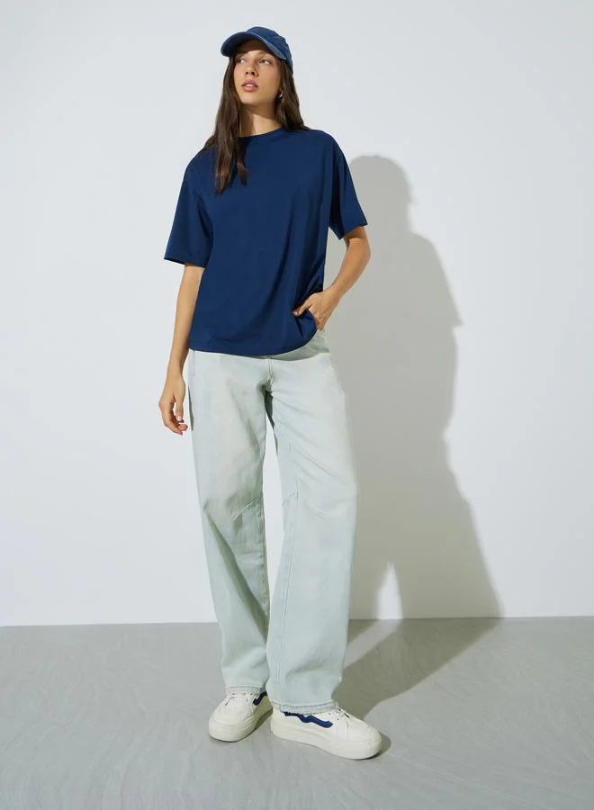 Styli Dark Blue Crew Neck Oversized T-Shirt