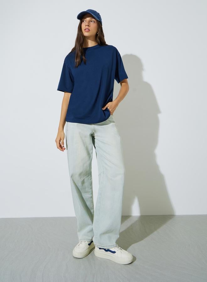 Styli Dark Blue Crew Neck Oversized T-Shirt - Image 2
