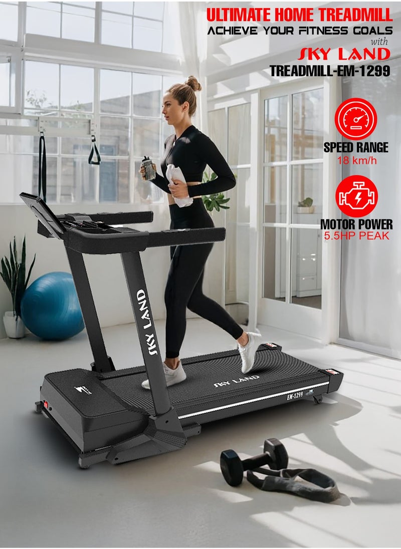 Sky Land - Foldable Treadmill with Auto Incline, 3.0 HP Motor, Bluetooth & Fitness App Compatibility, 18 km/h Speed, 120kg Capacity, Electric Running Machine for Home & Gym with LCD Display & Heart Rate Monitor – EM-1299 - Image 1