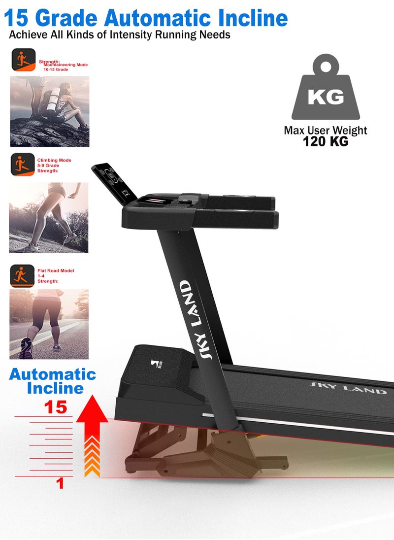 Sky Land - Foldable Treadmill with Auto Incline, 3.0 HP Motor, Bluetooth & Fitness App Compatibility, 18 km/h Speed, 120kg Capacity, Electric Running Machine for Home & Gym with LCD Display & Heart Rate Monitor – EM-1299 - Image 1