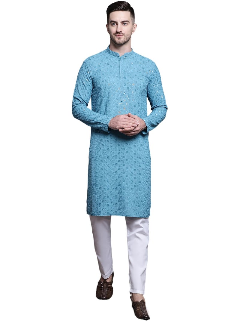Jompers Men's Sequin Embroidered Pure Cotton Kurta with Pyjamas - Image 1
