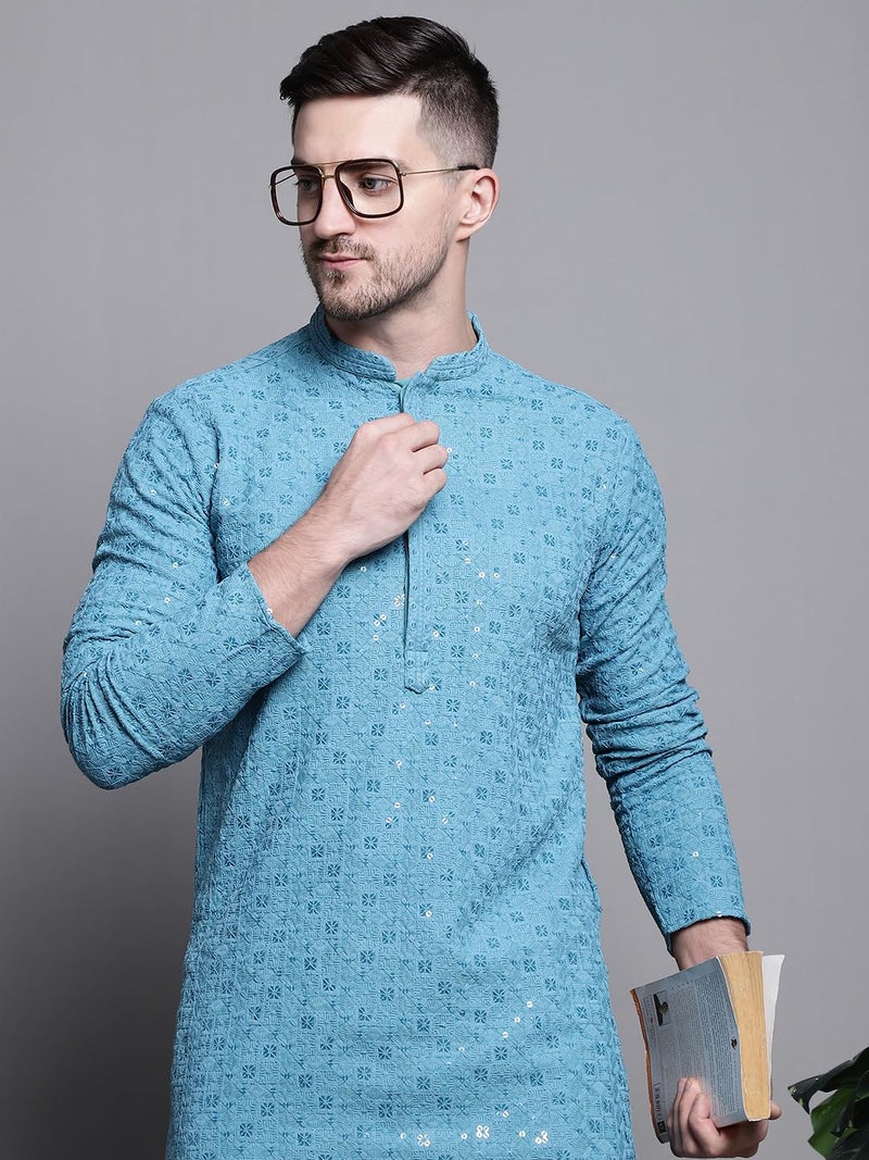 Jompers Men's Sequin Embroidered Pure Cotton Kurta with Pyjamas - Image 4