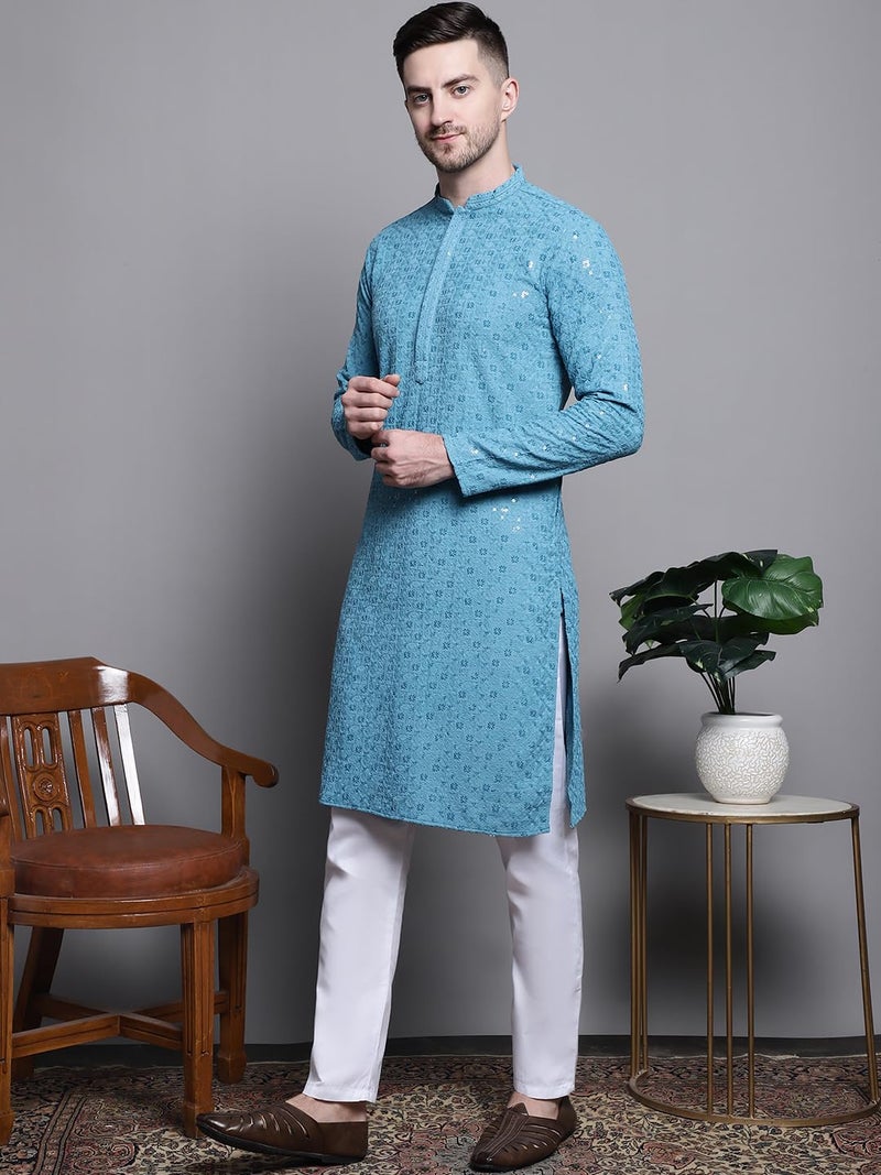 Jompers Men's Sequin Embroidered Pure Cotton Kurta with Pyjamas - Image 3