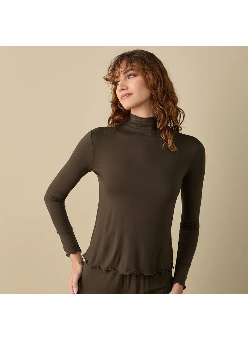 FAV High Neck Long Sleeves Top with Lettuce Hem