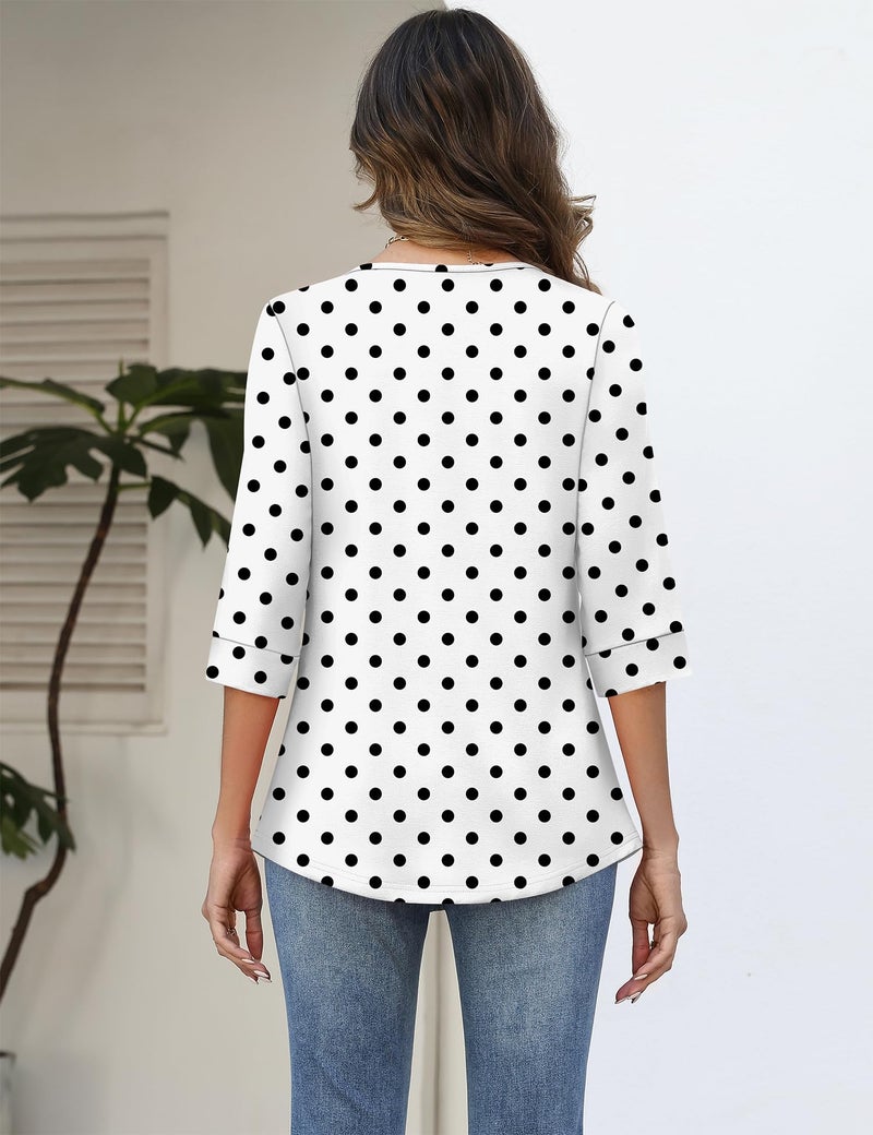 Rapbin Women 3/4 Sleeve Tops Casual Shirts for Women V Neck Summer Vacation Outfits Dot White Black XL - Image 4