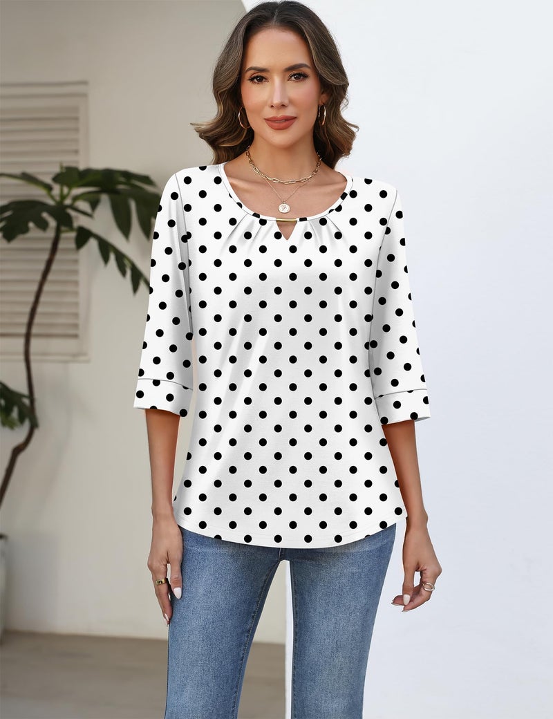 Rapbin Women 3/4 Sleeve Tops Casual Shirts for Women V Neck Summer Vacation Outfits Dot White Black XL - Image 2