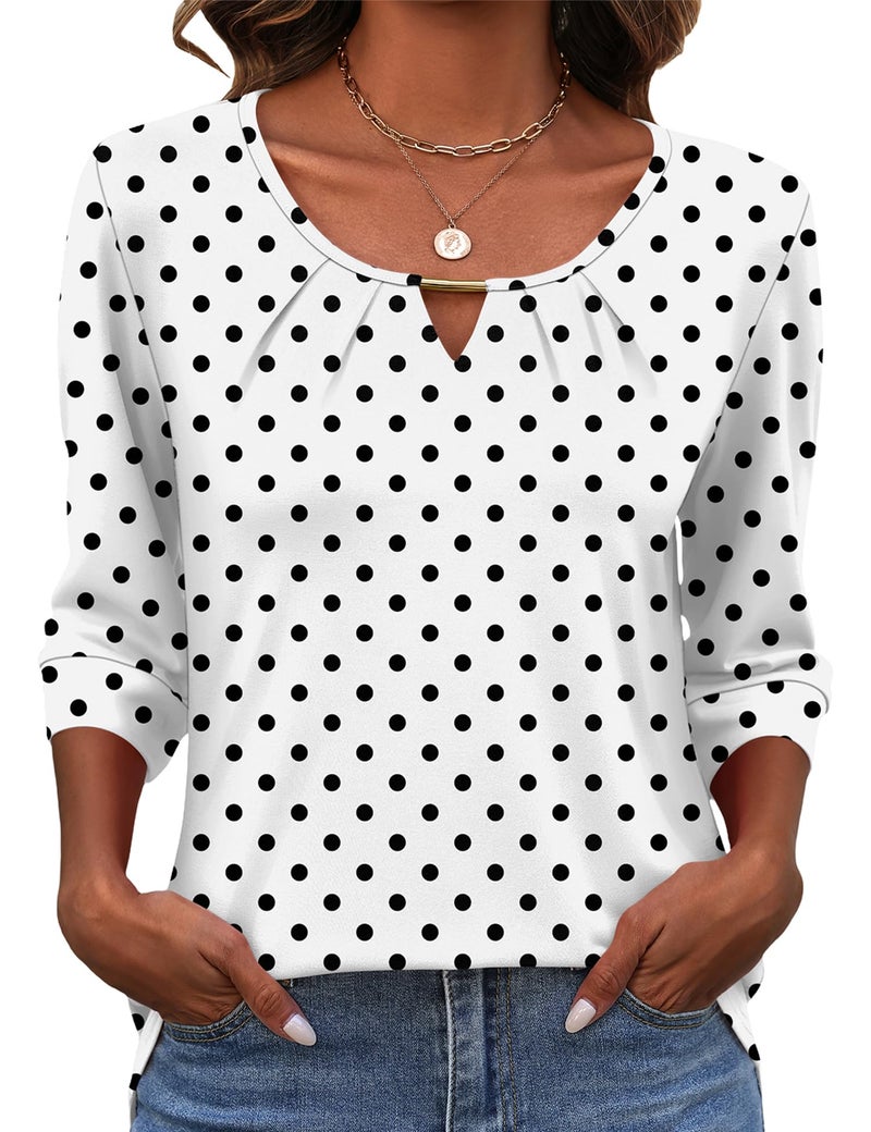 Rapbin Women 3/4 Sleeve Tops Casual Shirts for Women V Neck Summer Vacation Outfits Dot White Black XL - Image 1