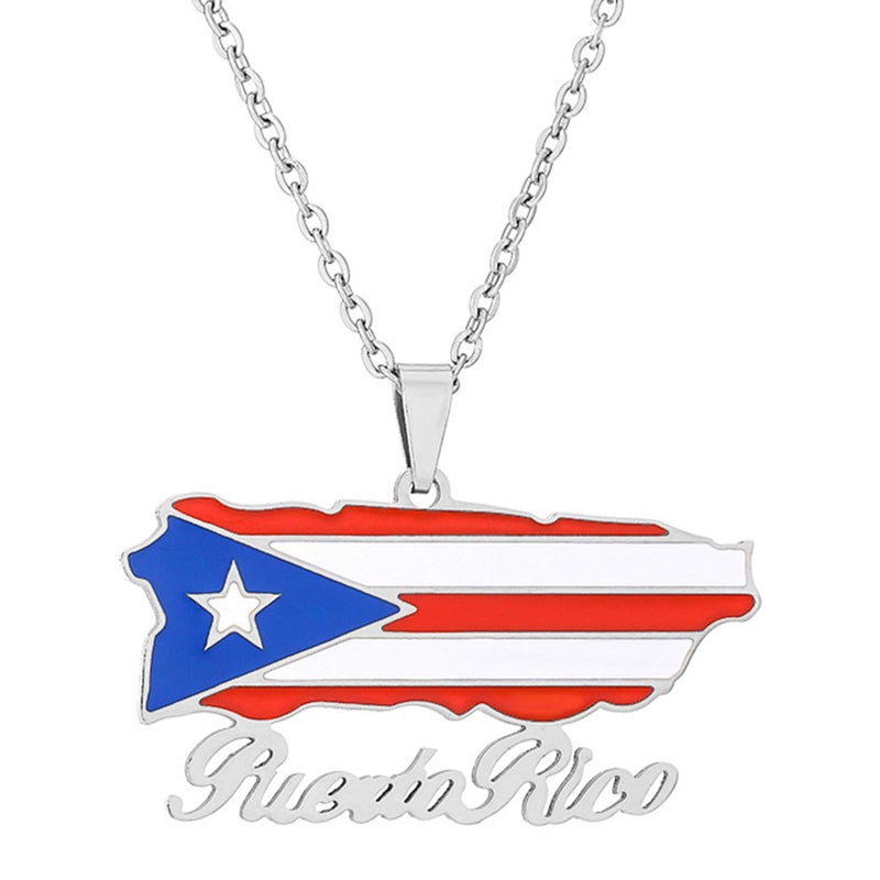 Fusamk Fashion Stainless Steel Puerto Rico Map Pendant Country Flag Pattern Necklace(White) - Image 1