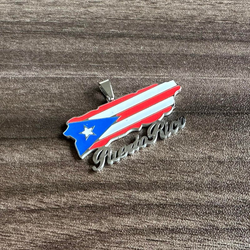 Fusamk Fashion Stainless Steel Puerto Rico Map Pendant Country Flag Pattern Necklace(White) - Image 3