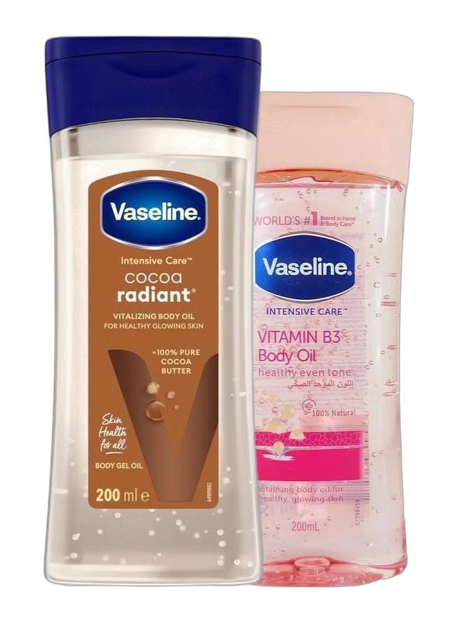 Vaseline Cocoa Radiant Body Oil 200ml & Vitamin B3 Healthy Even Tone Body Oil 200ml, Pack of 2 - Image 1
