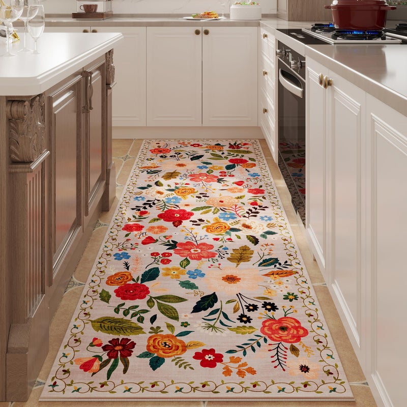 Rugcomf Rugcomf Runner Rug for Hallways Kitchen Runner Rug Non Slip 2'x 6' Washable Runner Rugs with Rubber Backing Soft Floral Carpet Runner for Hallways  Kitchen  Laundry  Bedroom  Bathroom(Beige)  - Image 1