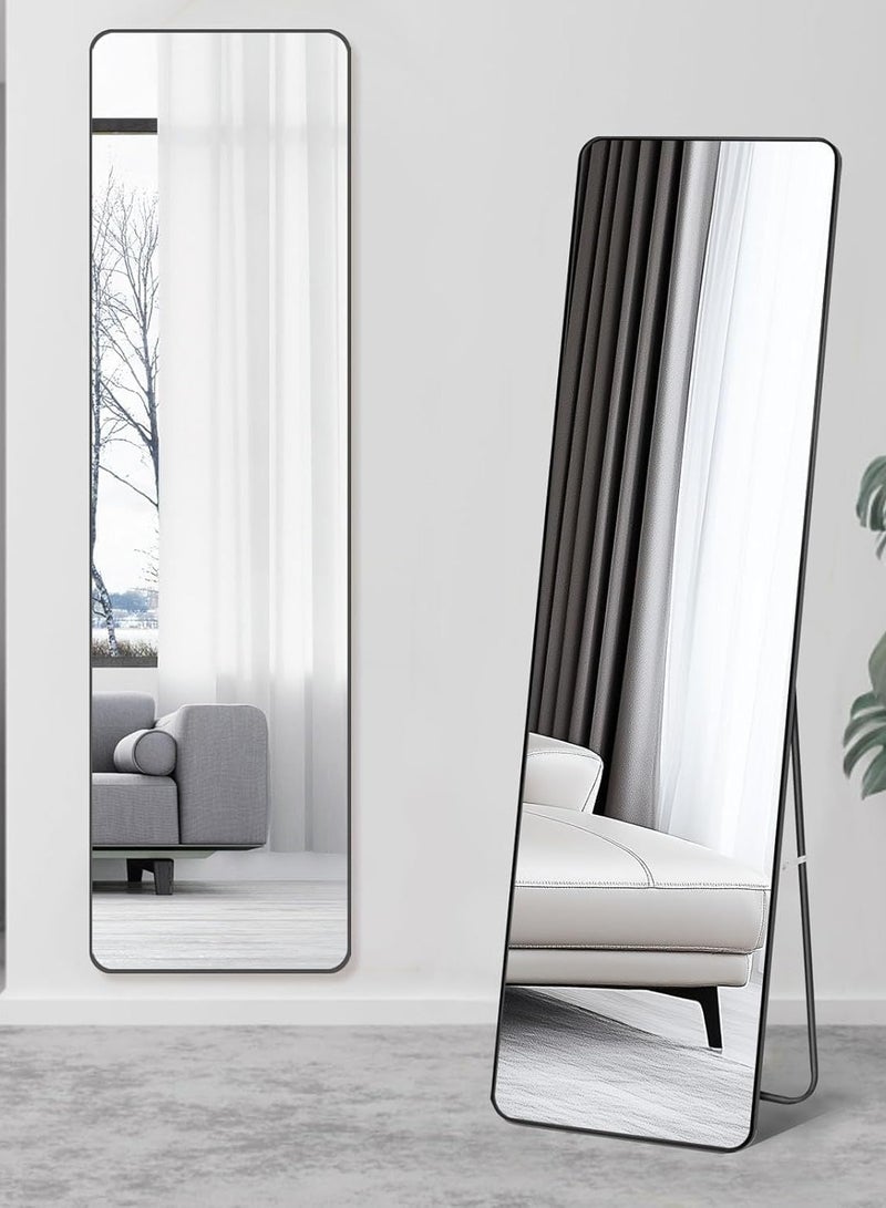 ديكور هيلز مرآة كاملة الطول 152 × 42 سم - مرآة مستطيلة كاملة الجسم مع حامل، مرآة أرضية بزاوية مستديرة بإطار من سبائك الألومنيوم، مرآة خلع الملابس قائمة أو مثبتة على الحائط لغرفة النوم (أسود) - Image 1