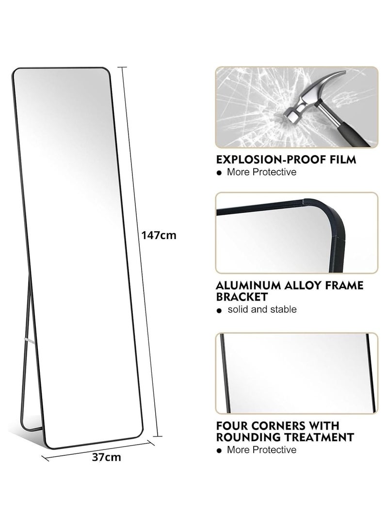 ديكور هيلز مرآة كاملة الطول 152 × 42 سم - مرآة مستطيلة كاملة الجسم مع حامل، مرآة أرضية بزاوية مستديرة بإطار من سبائك الألومنيوم، مرآة خلع الملابس قائمة أو مثبتة على الحائط لغرفة النوم (أسود) - Image 2