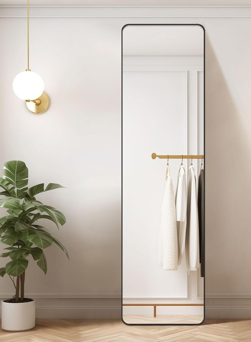 ديكور هيلز مرآة كاملة الطول 152 × 42 سم - مرآة مستطيلة كاملة الجسم مع حامل، مرآة أرضية بزاوية مستديرة بإطار من سبائك الألومنيوم، مرآة خلع الملابس قائمة أو مثبتة على الحائط لغرفة النوم (أسود) - Image 3