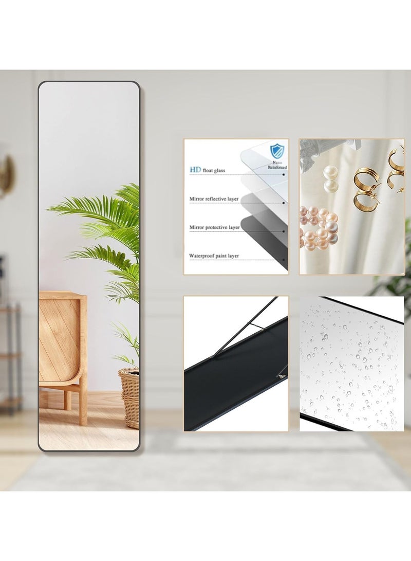 ديكور هيلز مرآة كاملة الطول 152 × 42 سم - مرآة مستطيلة كاملة الجسم مع حامل، مرآة أرضية بزاوية مستديرة بإطار من سبائك الألومنيوم، مرآة خلع الملابس قائمة أو مثبتة على الحائط لغرفة النوم (أسود) - Image 4