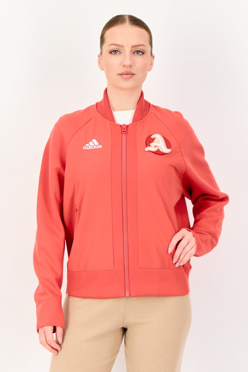 Adidas سويت شيرت رياضي نسائي مزين بشعار مطرز، أحمر - Image 1