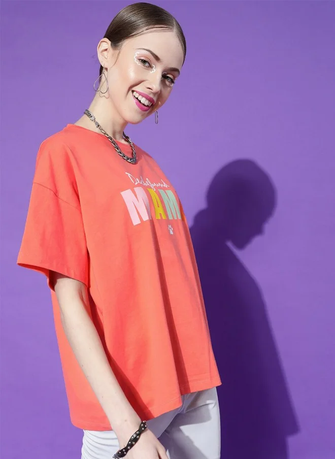 Coral Typography Printed Oversized T-Shirt for Women