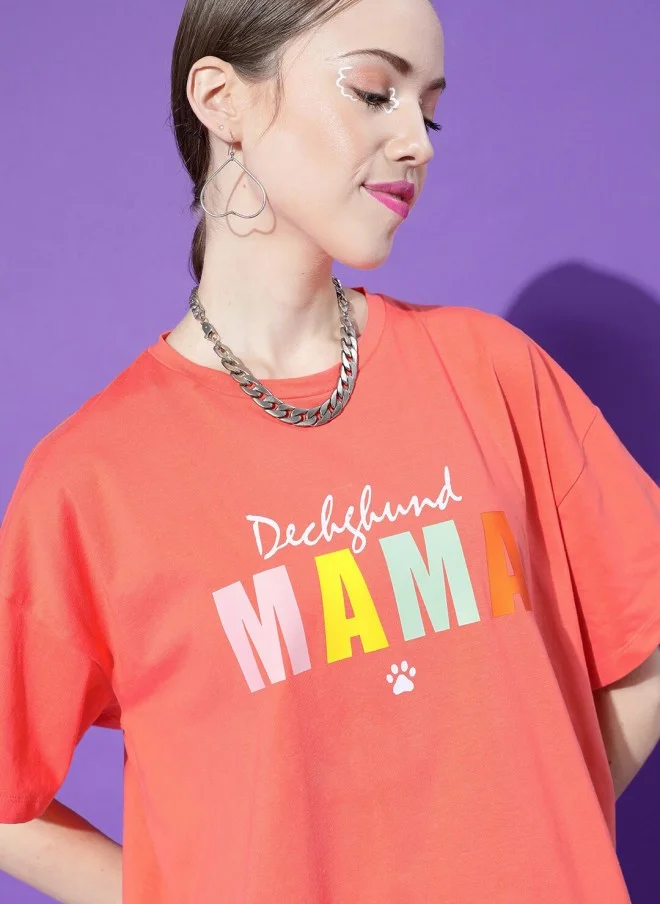 STREET 9 Coral Typography Printed Oversized T-Shirt for Women