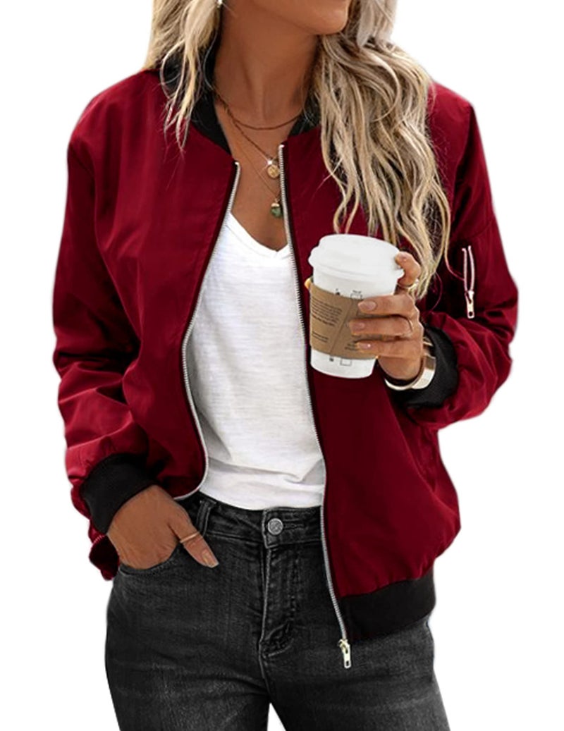 Zeagoo Women Classic Solid Biker Jacket Zip up Bomber Jacket Coat Wine Red Medium