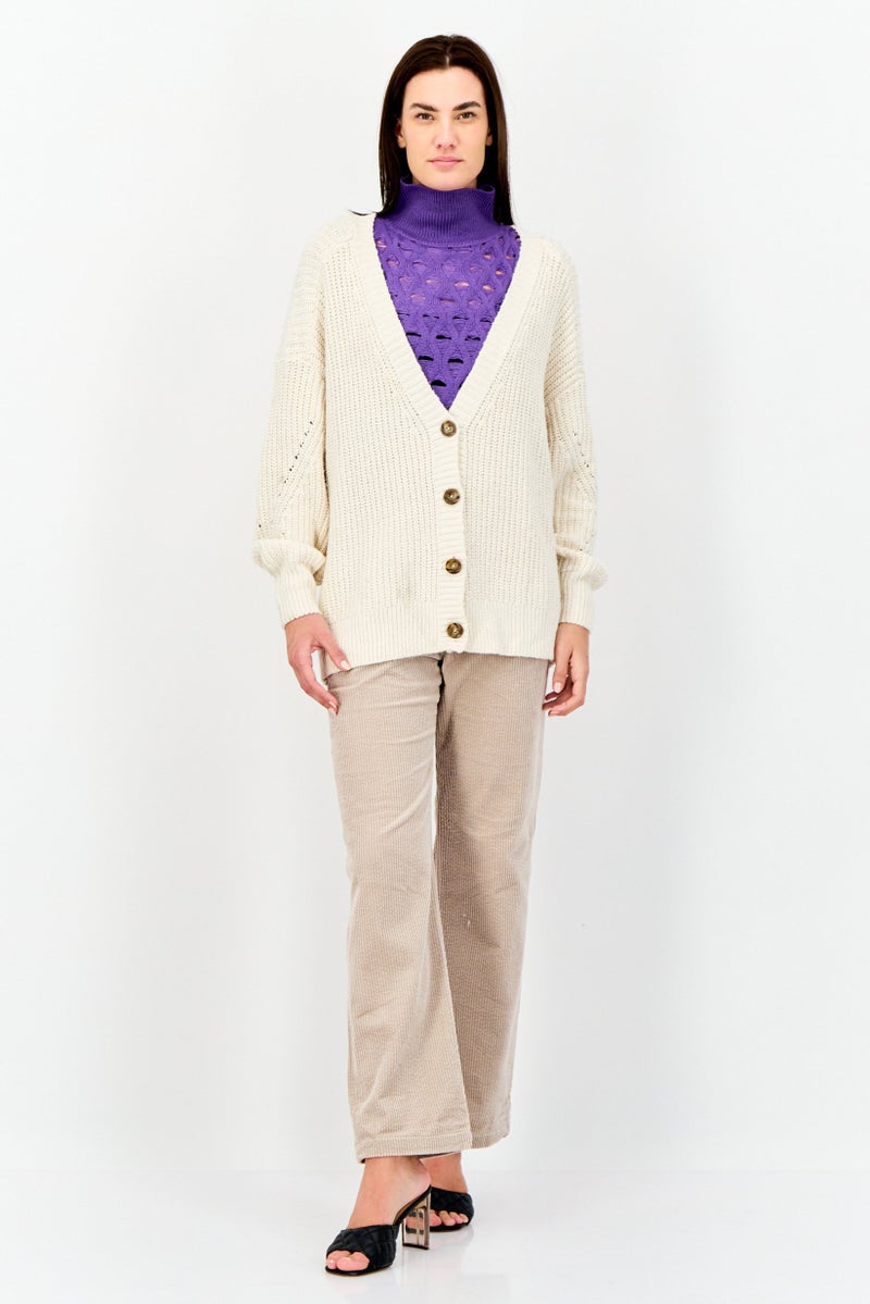Aerie Women Ribbed Collar Crochet Cardigan, Cream  - Image 4