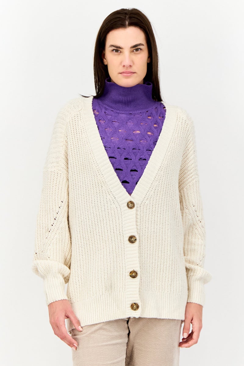 Aerie Women Ribbed Collar Crochet Cardigan, Cream  - Image 1
