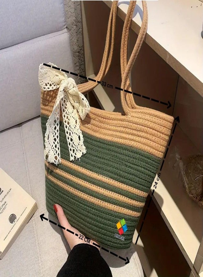 DYARCHY Straw Beach Tote Bag, Large Summer Handbag, 40 x 30 x 24 cm (GREEN BEIGE) - Image 5